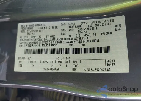 2024 Ford Ranger Lariat z USA, uszkodzony, nr VIN 1FTER4KH1RLE15863